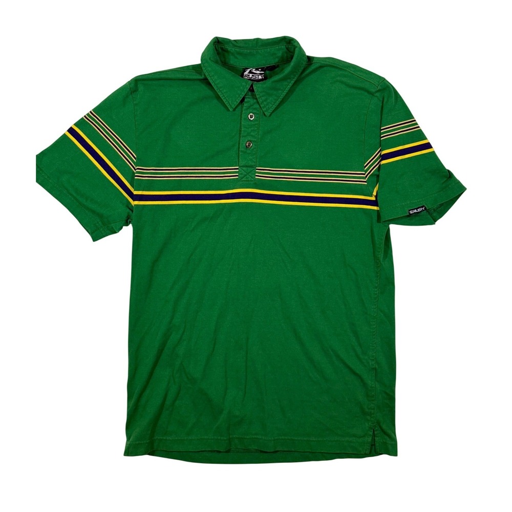 VTG Rusty Polo Shirt Mens L Green Yellow Striped Short Sleeve Surf Skate Casual